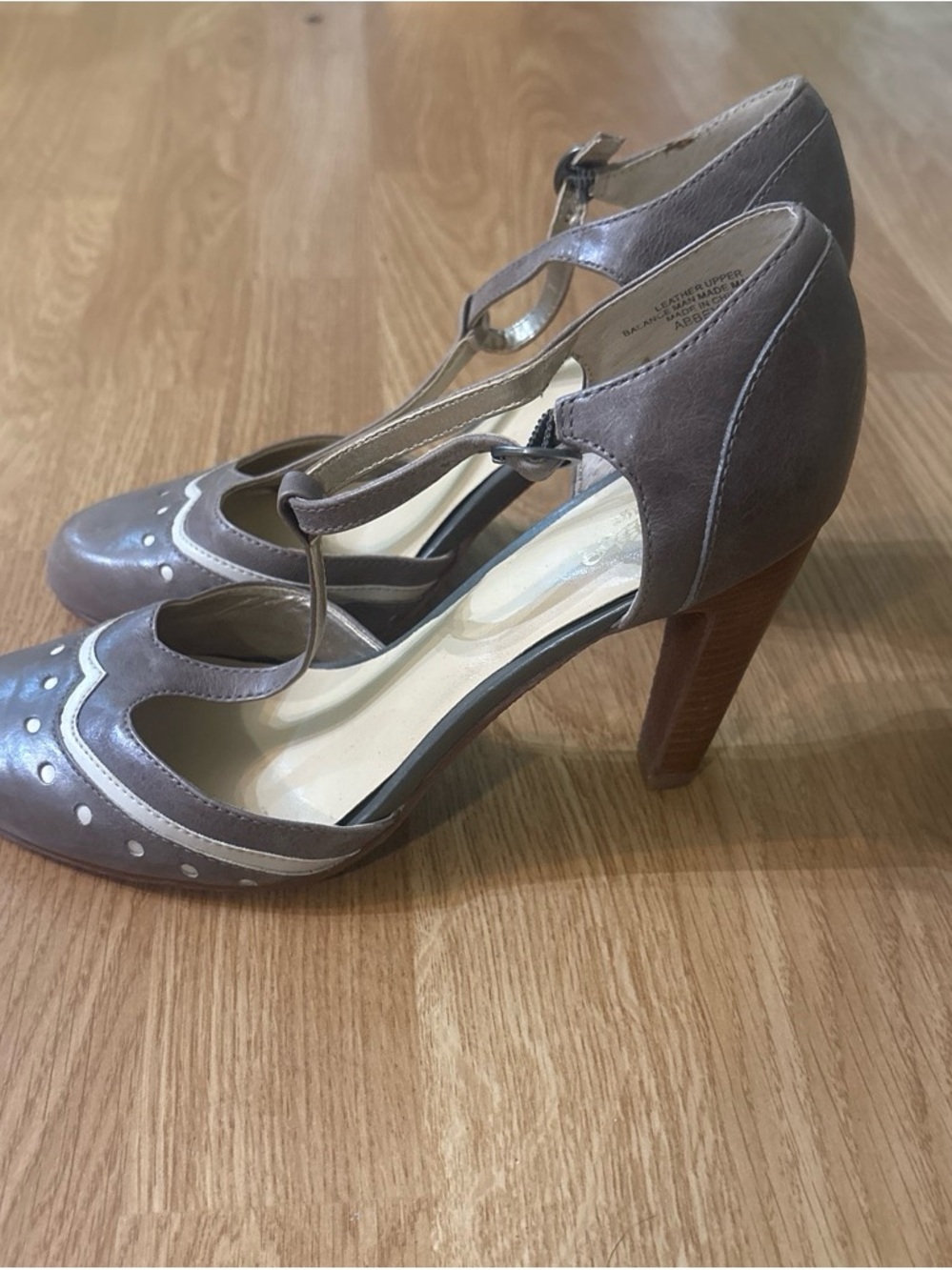 T-Strap Women's Pumps in Taupe with Ivory Accent - Picture 2 of 2